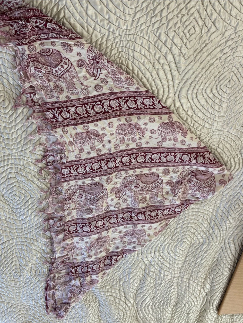 Elephant Print Anthropologie Fringed Wrap Scarf in Cream and Burgundy